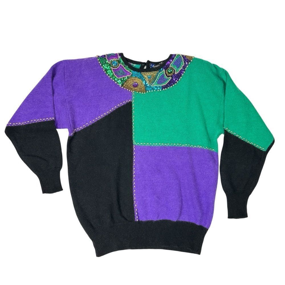 Vintage I.B. Diffusion Womens Retro Color Block Beaded Sequined Sweater Large